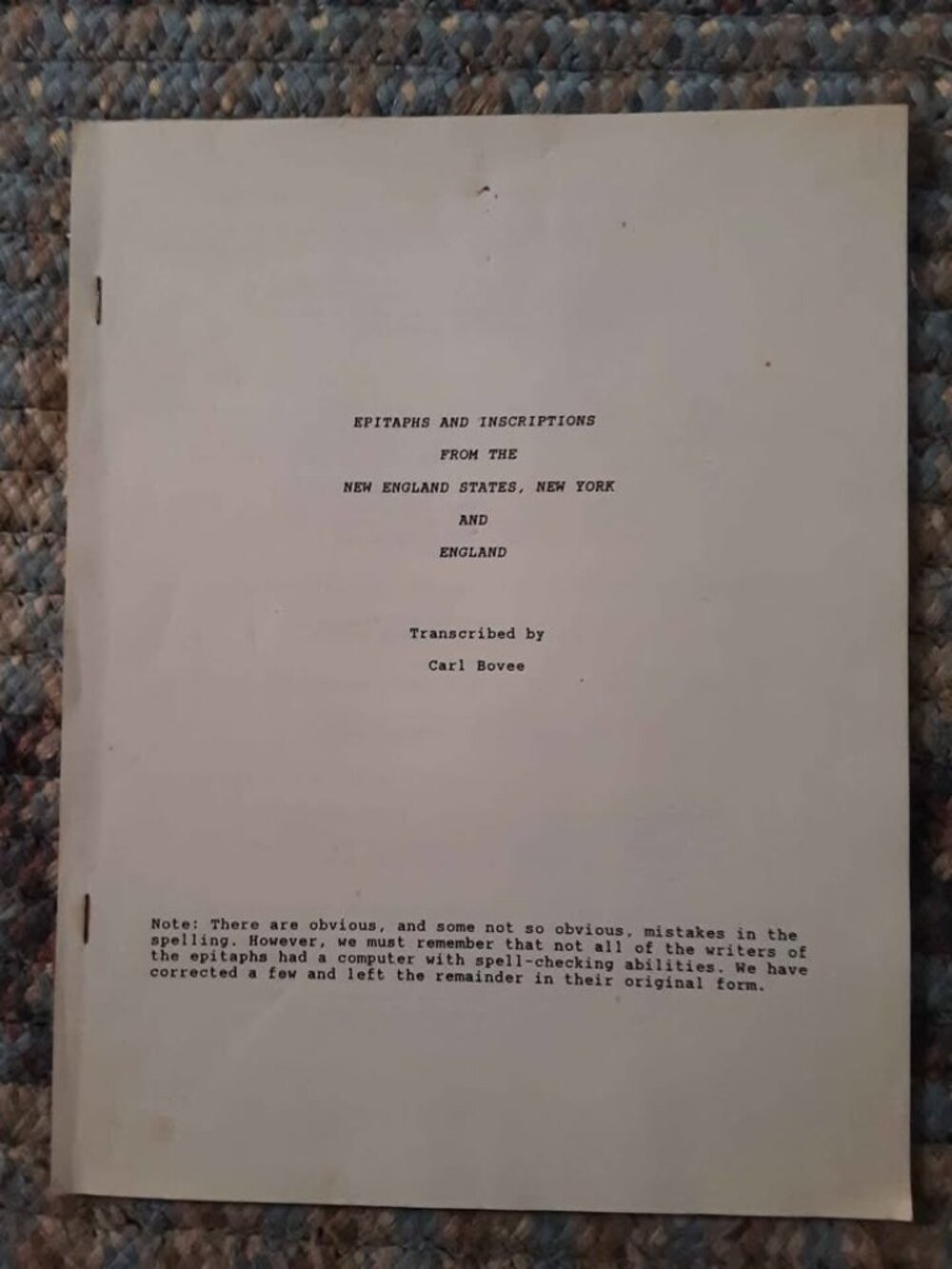 Epitaphs & Inscriptions From The New England States NY & England Bklt Carl Bovee